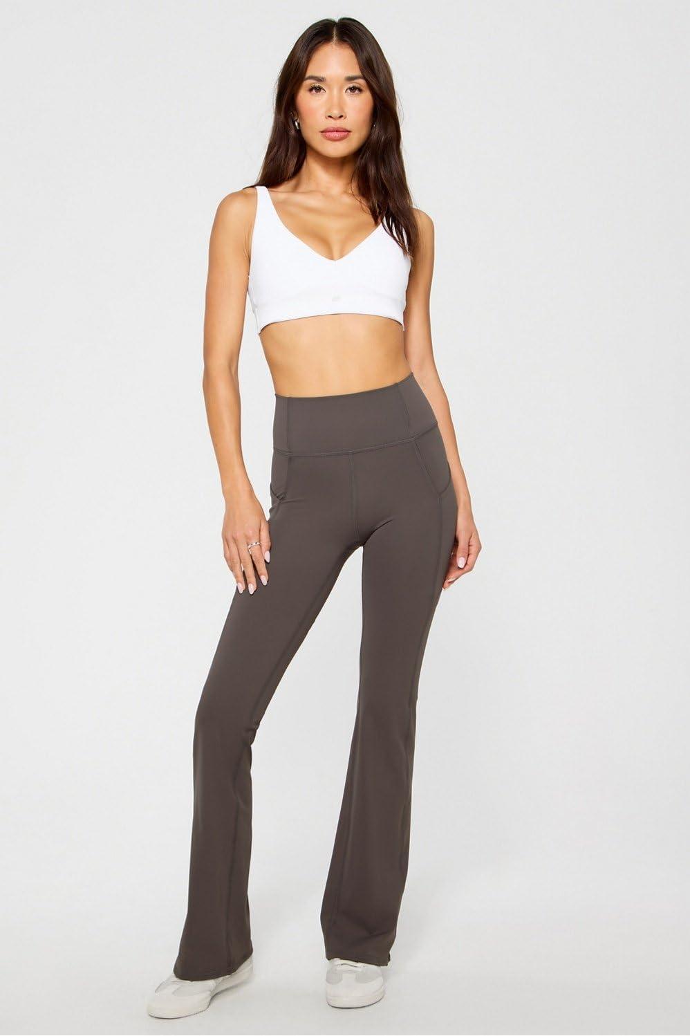 imageFabletics Womens Oasis Pureluxe HighWaisted Kick Flare Light Compression Buttery SoftTaupe Slate